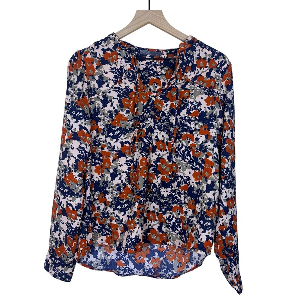 PrAna Floral Tie Neck Boho Blouse Top Size Small Blue Orange Long Sleeve